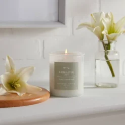 9oz Milky White Glass Woodwick Candle With Wood Lid And Stamped Logo Rainwater Lily - Threshold™